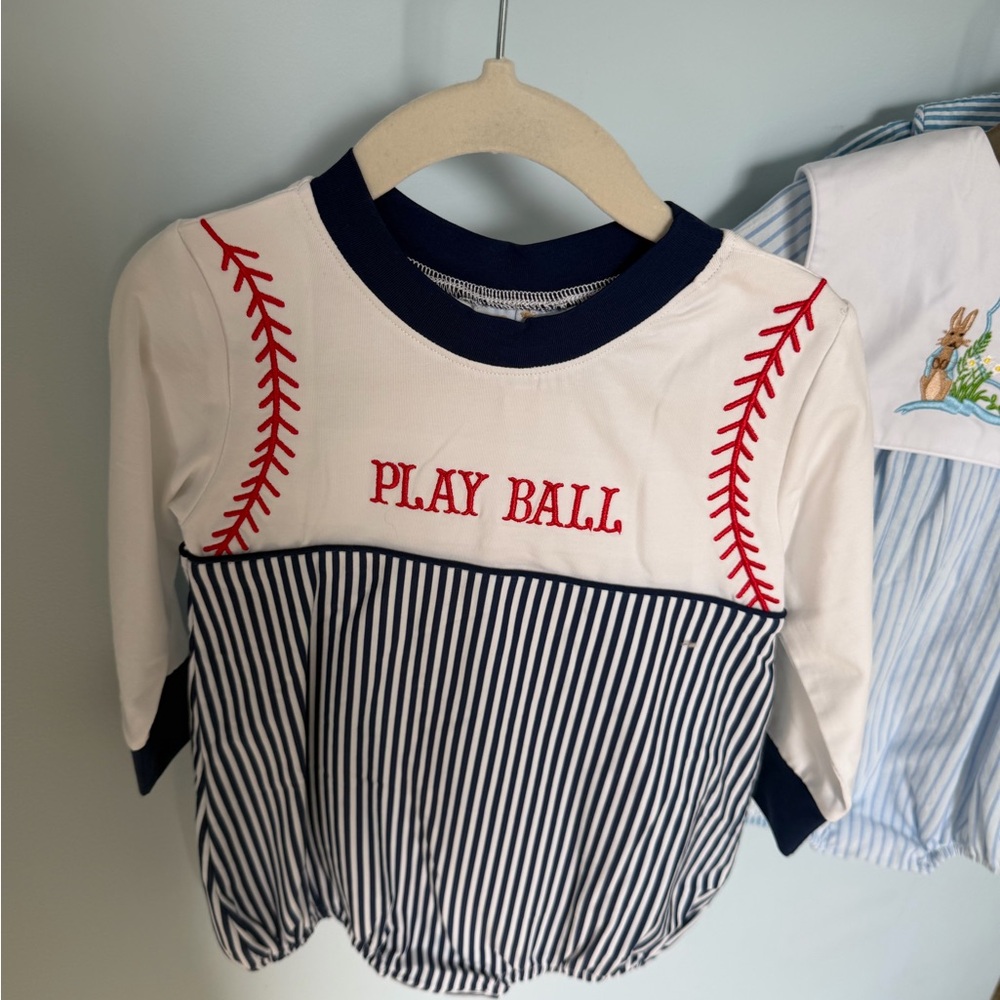 Striped Navy & White 'Play Ball' Long Sleeve Tee - Red Stitch Detail